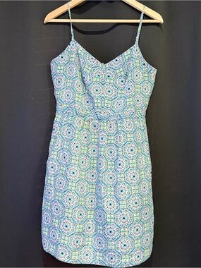 J. Crew Green, Blue & Yellow Mosaic Print Spaghetti-Strap y2k Camisole Dress